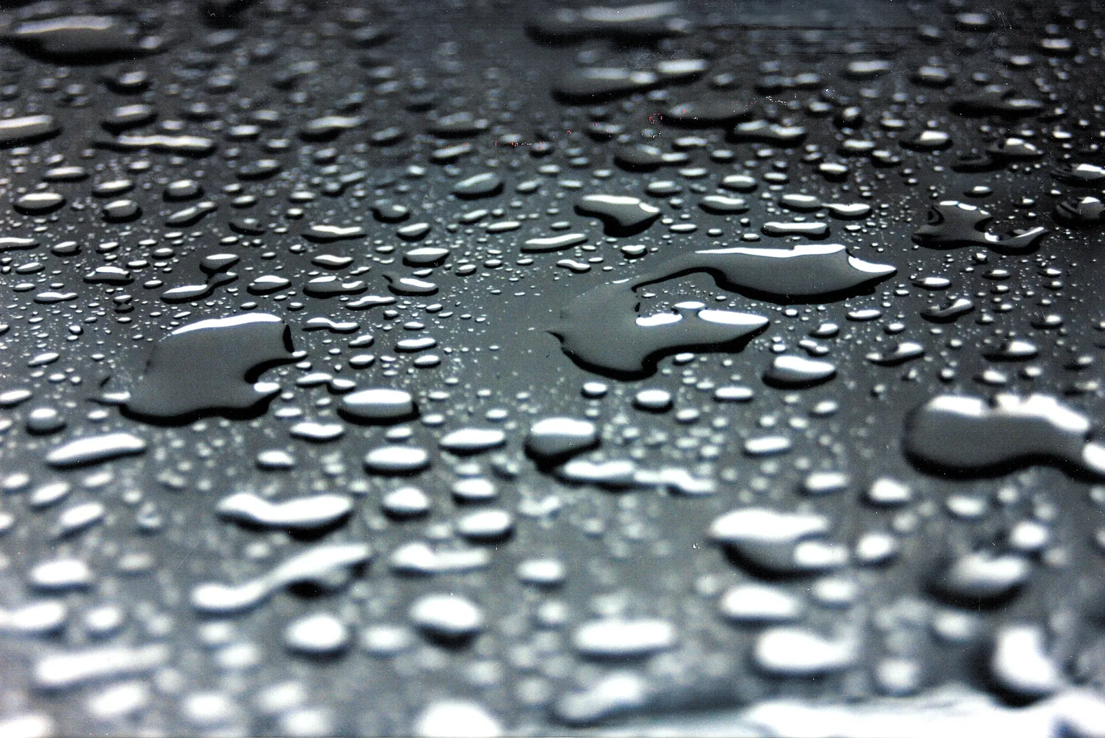 Gotas sobre superficie oscura: fotografía artística de gotas de agua en primer plano, serie Gotas, por Robert Díaz