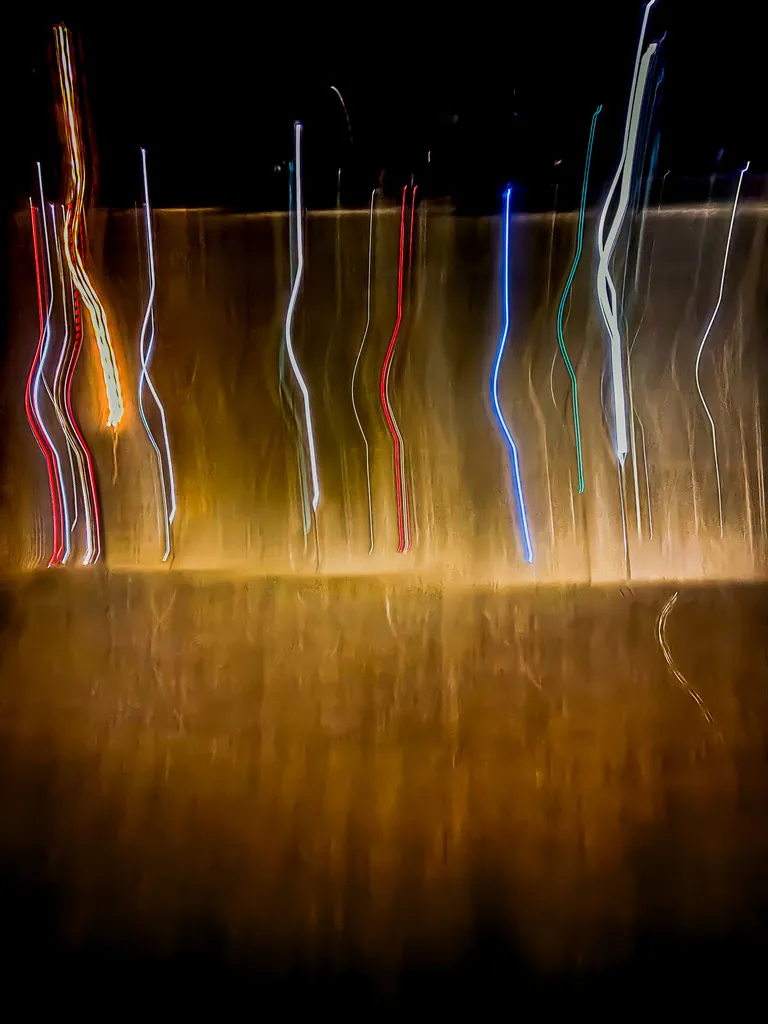 Lluvia de colores: fotografía abstracta de luz en movimiento en tonos naranja y amarillo sobre fondo oscuro, serie Luz en movimiento, por Robert Díaz
